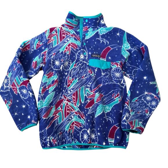 Patagonia Tops - Patagonia Synchilla Fleece Pullover Harvest Moon Owl Printed Blue Women’s Small